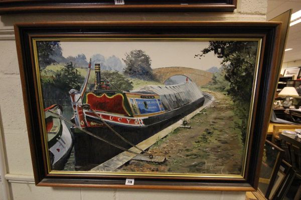 Contemporary Oil on Canvas of Narrow Boat on Canal signed Harley Crossley