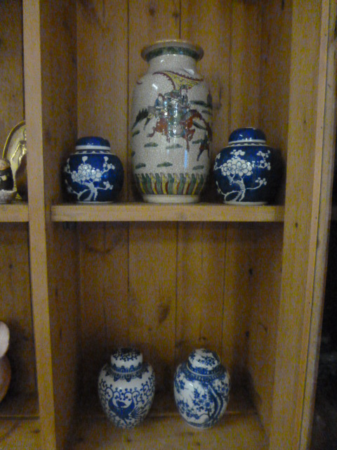 Four Blue and White Chinese Ginger Jars and a Japanese Crackle Glazed Vase