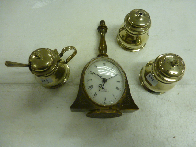 Unusual Bell Shaped `Swiza` Alarm Clock together with Three Piece Silver Plated Cruet Set