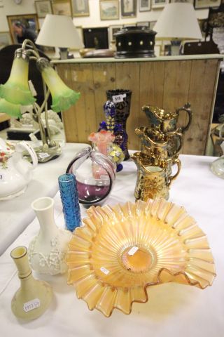 A Whitefriars style Blue Bark Vase, Two Other Glass Vases and an Art Glass Bonbon Dish plus Oriental