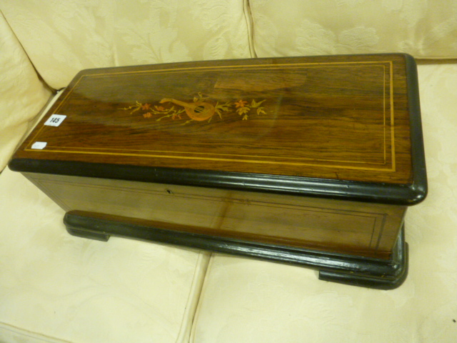 19th century Rosewood and Ebonised Swiss Cylinder Music Box inlaid with Mandolins