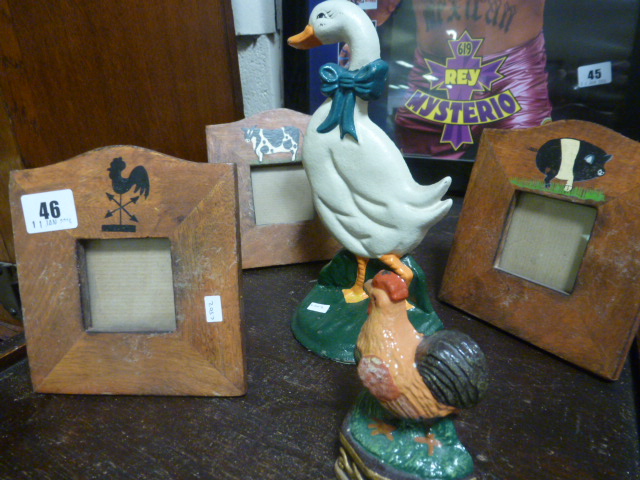 Two Cast Door Stops including a Duck and a Chicken plus 3 Farmhouse style photo frames