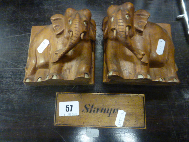 Treen Stamp Box and a Pair of Treen Elephant Bookends