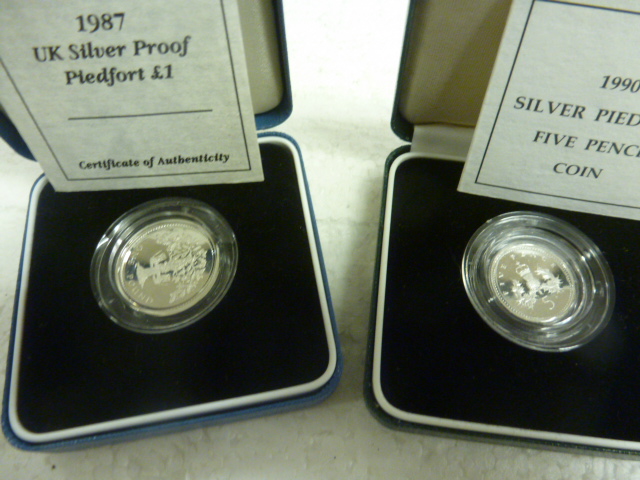 1987 Silver Piedfort Proof £1 and 1990 Silver proof Piedfort 5p both boxed and certificate