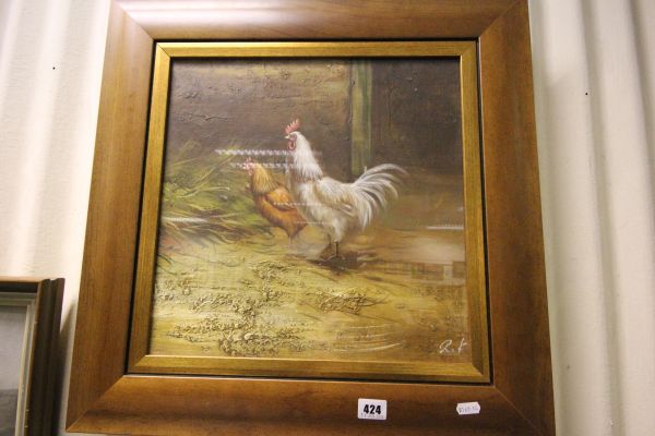 A Signed Oil on Board Study of a Rooster and Hen