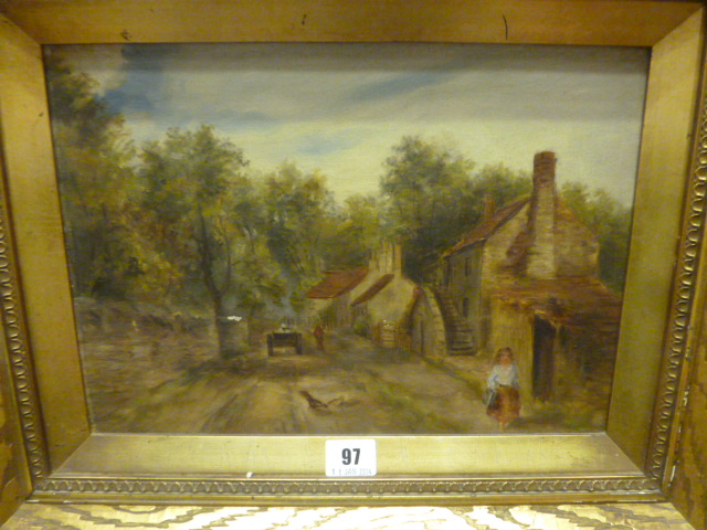 Gilt Framed Oil on Board of Village Street Scene