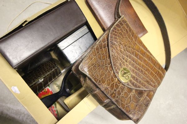 A Box containing Crocodile Leather Handbag, Victorian Italian Leather Jewellery Casket and key, a