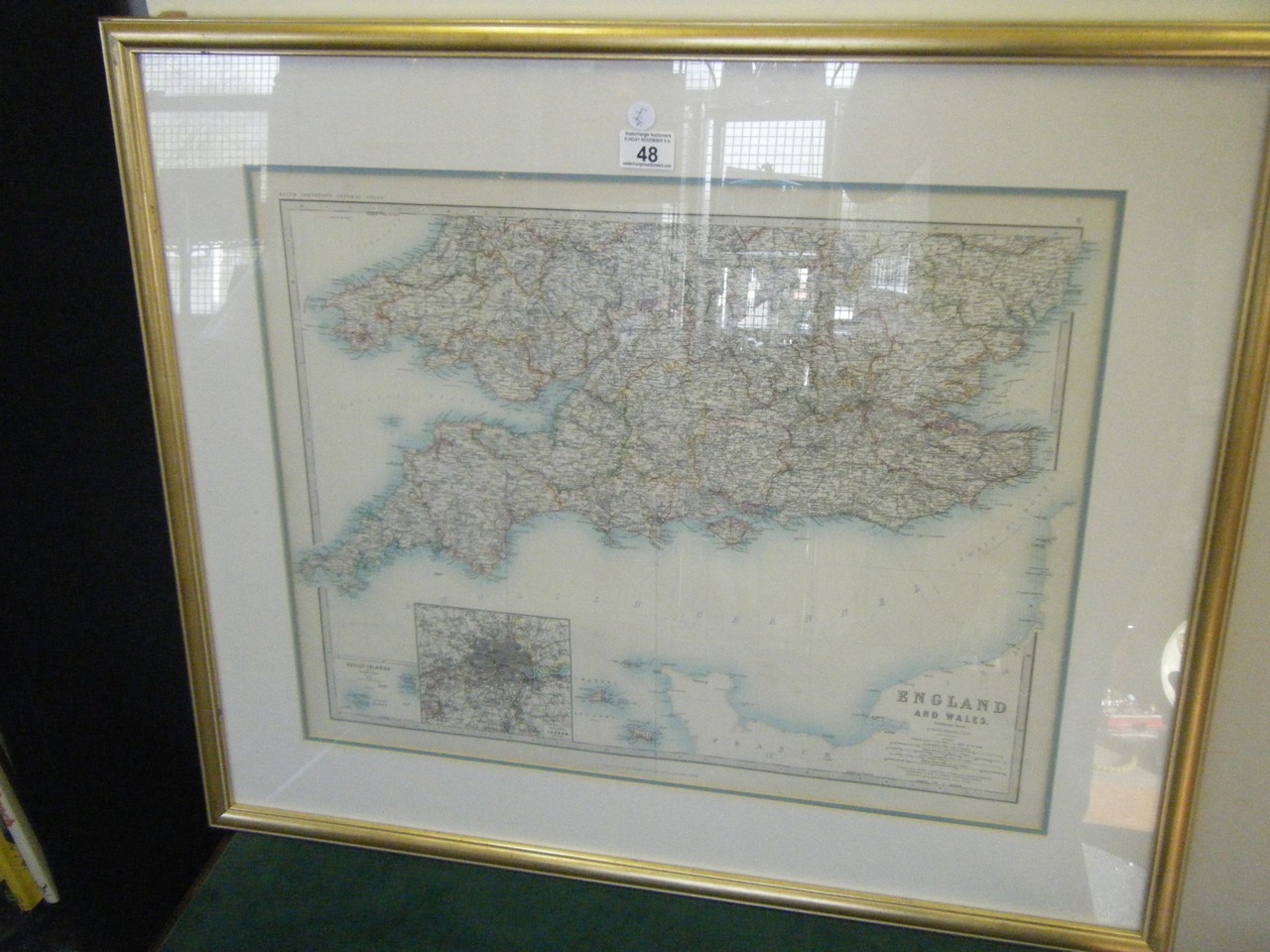 Gilt framed coloured map from Keith Johnston`s General Atlas, England and Wales, Southern sheet,