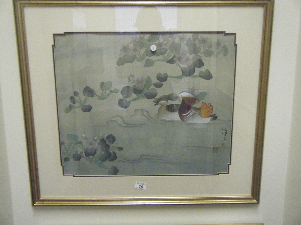 Large f/g oil and watercolour painting on silk of 2 ducks i an Oriental style landscape with artist