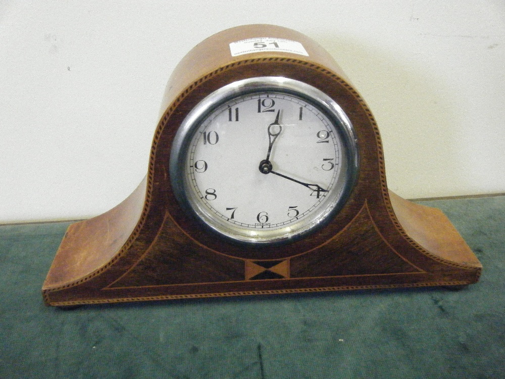 Edwardian period small Napoleon Hat Mantle Clock with inlaid decoration an 8 day movement 3"" dial,