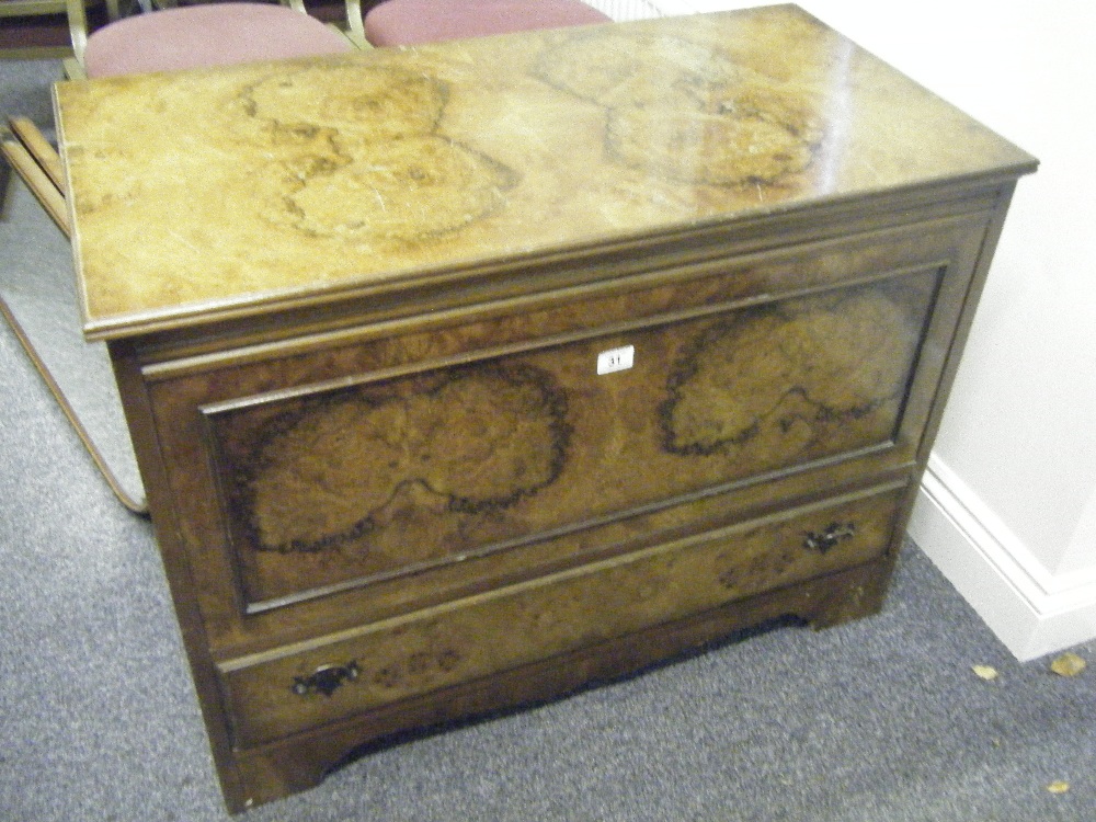 Walnut blanket chest with a lift up lid all above single long drawer, c1940`s makers mark Cameo