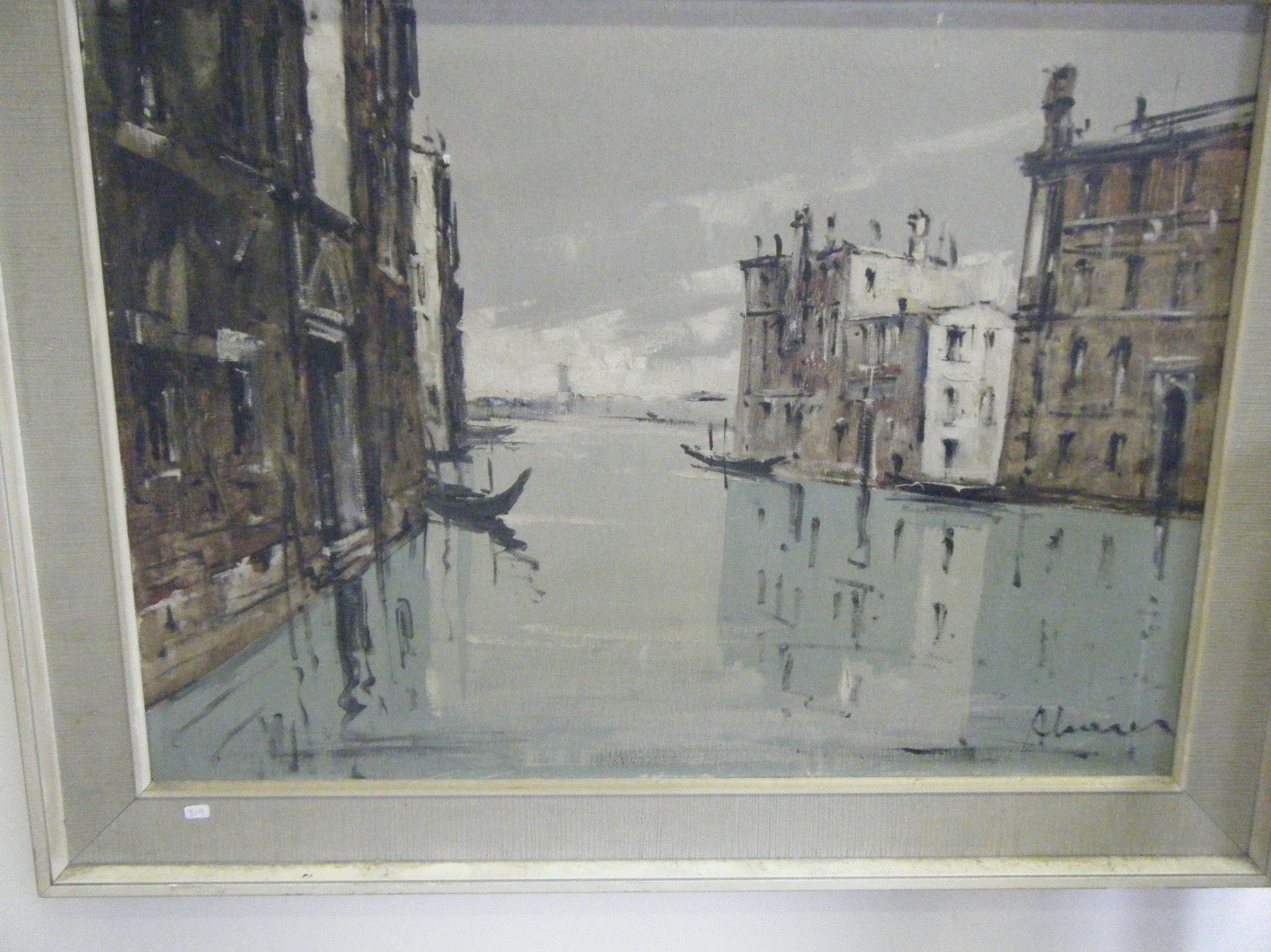 Oil painting on canvas 20 x 24 canal scene at Venice, buildings and boats by Al Varez, c1950`s in