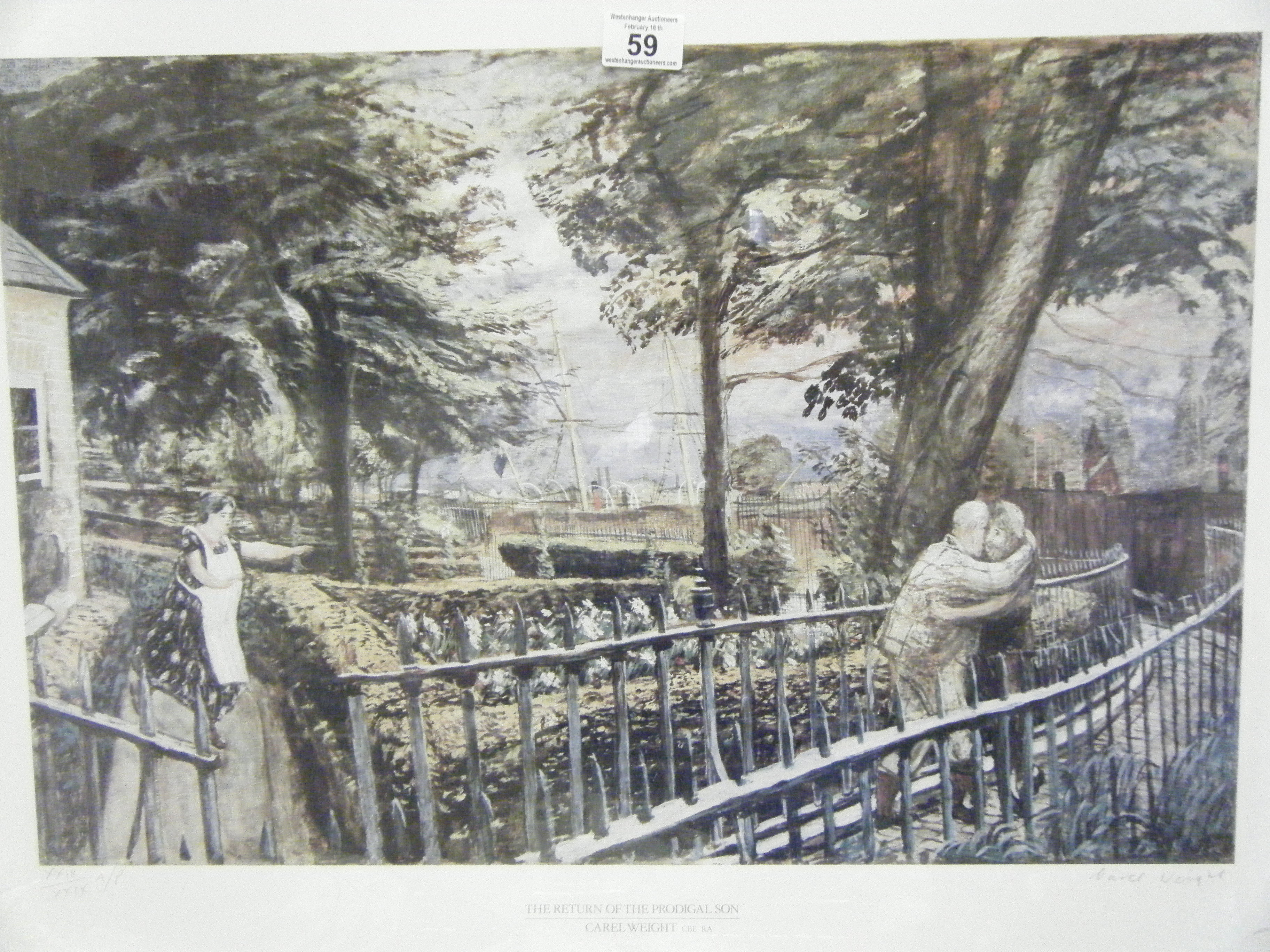 Carel  Weight, CBE RA framed and glazed coloured artist proof print, entitled     the Return of