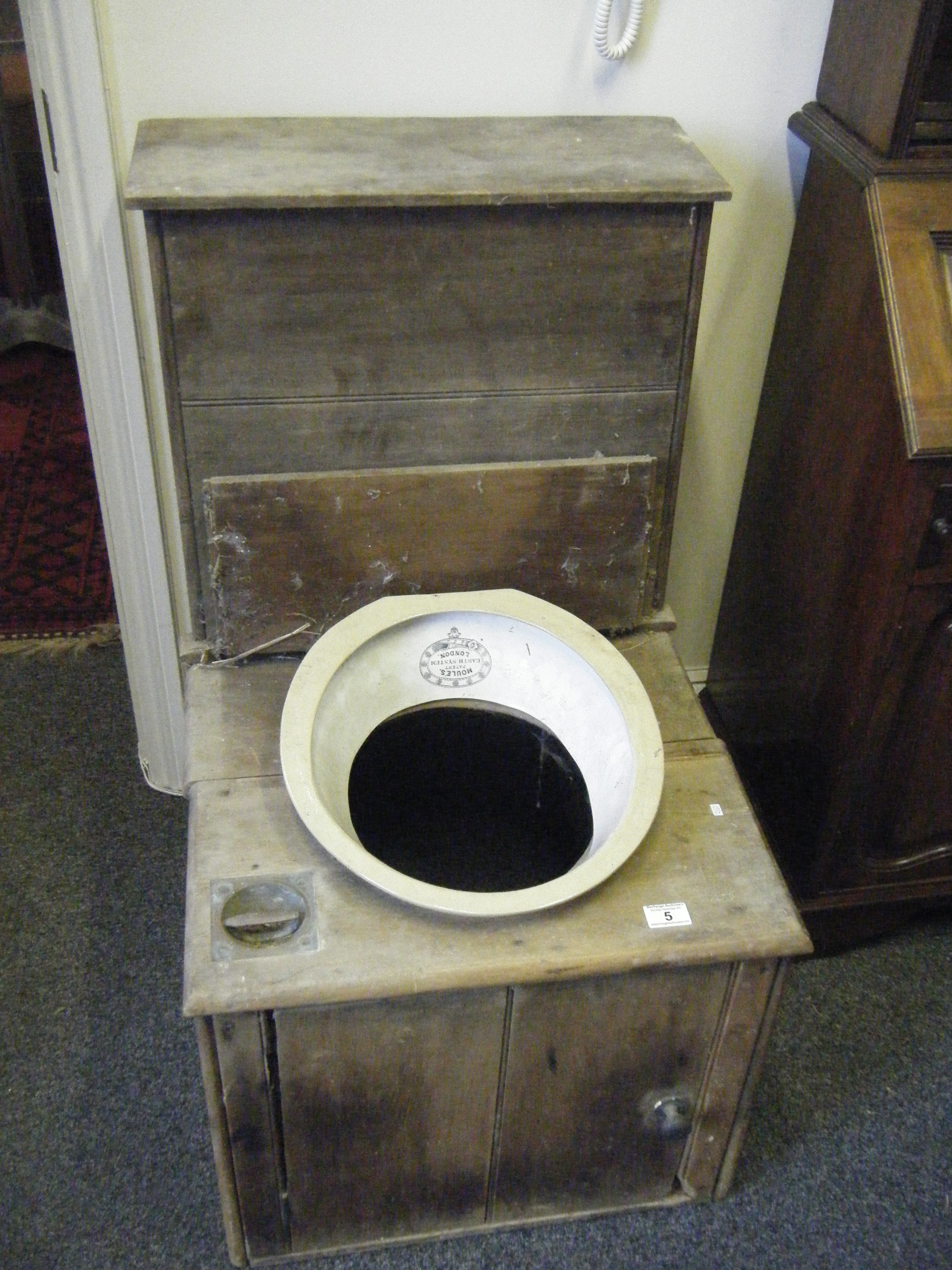 1850`s toilet, pine sand closet model, in need of restoration, original china bucket top, by