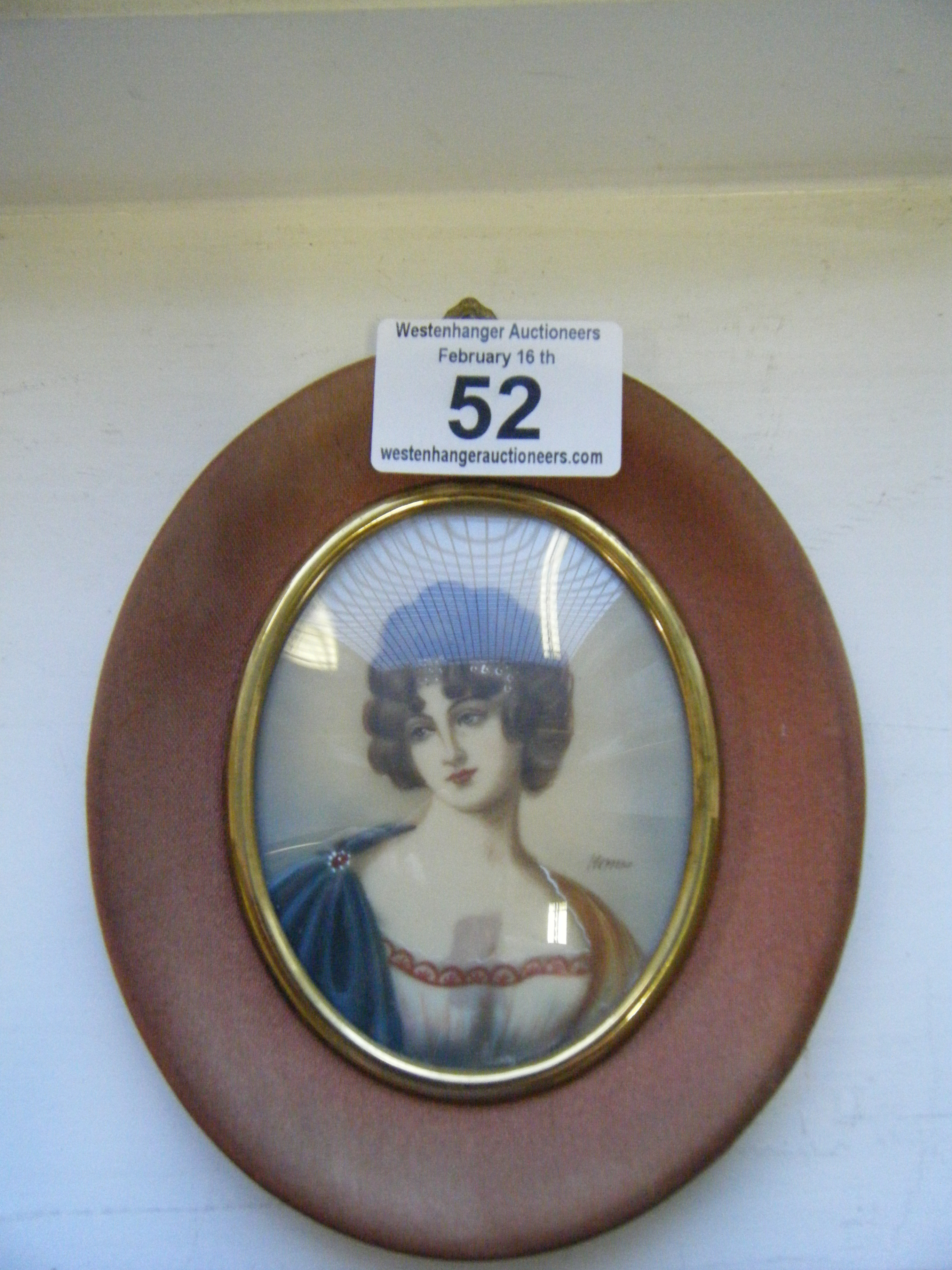 Oval miniature portrait, head and shoulders of a young lady in period dress, signed H Chino? 4" x 3"