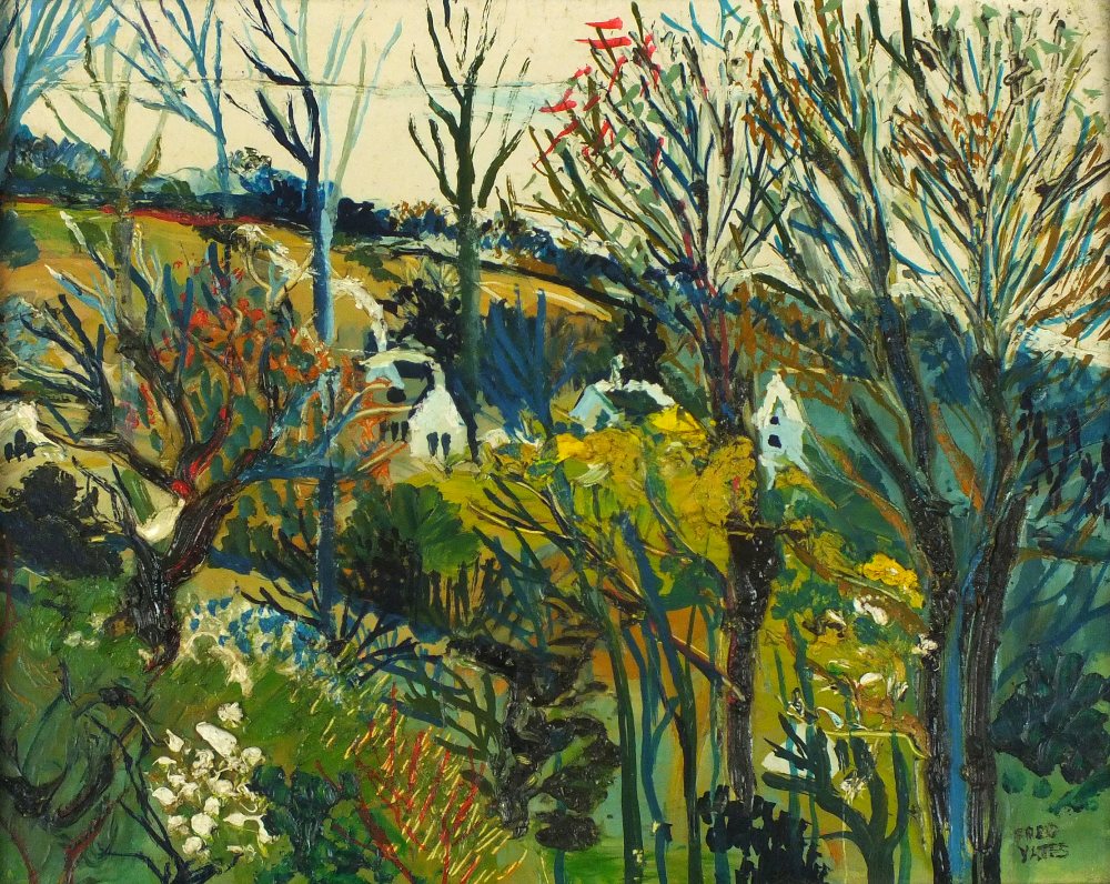 *Fred YATES (1922-2008) Oil on board Winter Woodland landscape with cottages Signed 11.25"" x 14.