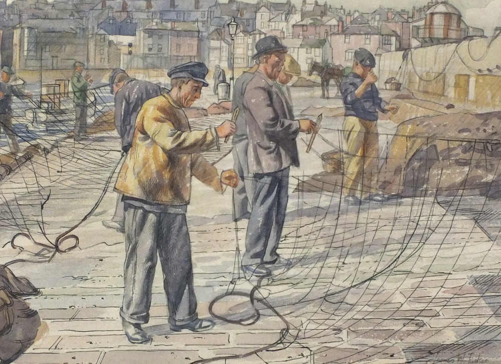 James Walker TUCKER (1898-1972) Watercolour and ink Mending Nets ? Smeaton`s Pier St Ives Signed