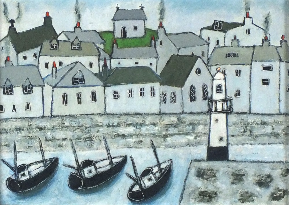 *Joan GILLCHREST(1918-2008) Oil on board Three boats St Ives Harbour before the lighthouse and