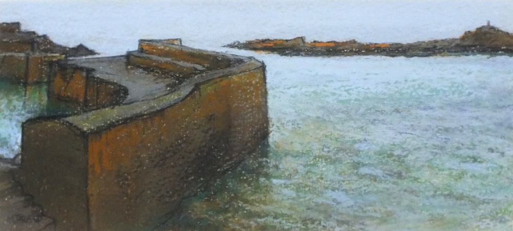 Michael PRAED (b.1941) Mixed media `Mousehole ? Wharf and Island` Inscribed and signed to verso