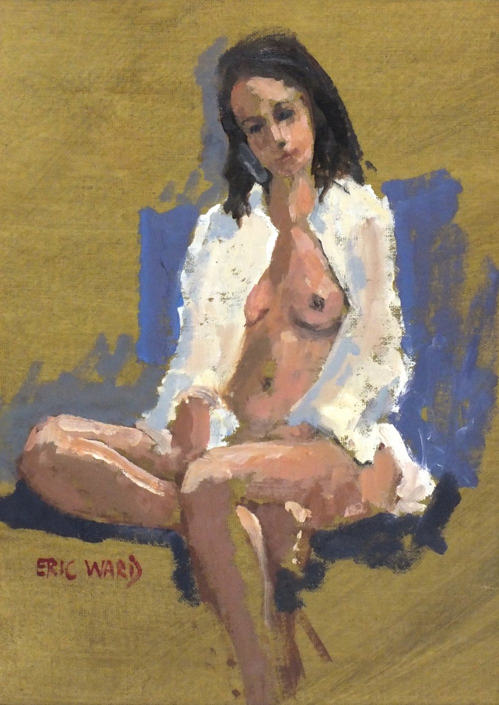 Eric WARD (b.1945) Oil on canvas board `Life model in a white shirt` Inscribed on label to verso
