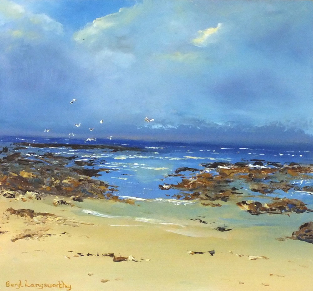 Beryl LANGSWORTHY (b.1944) Oil on board `Morning in Sennen` Inscribed to verso Signed 12"" x 13"" (