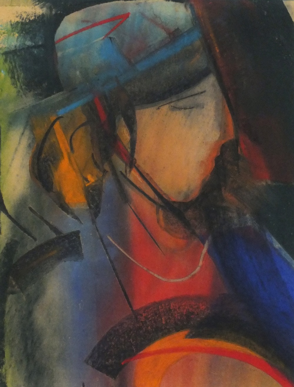 *Mary STORK (1938-2007) Pastel drawing Head and shoulder portrait of a woman in blue hat Signed and