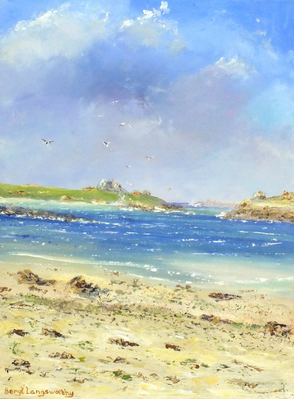 Beryl LANGSWORTHY (b.1944) Oil on board `Gulls over Scilly` Inscribed to verso Signed 16"" x 12"" (