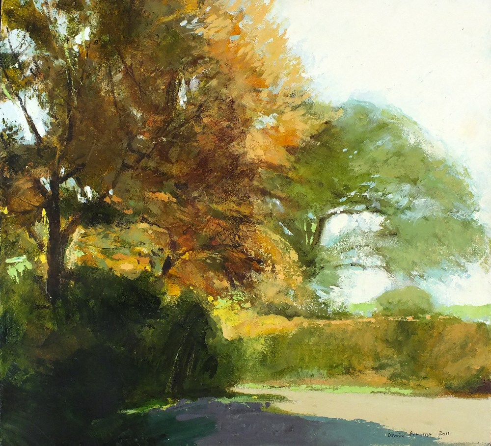* David PRENTICE (1936-2014) Oil on canvas ‘Autumn Lane’ Inscribed & signed to verso Signed and
