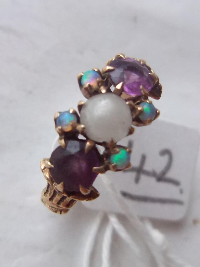 Victorian style amethyst pearl and opal ring set in 10ct