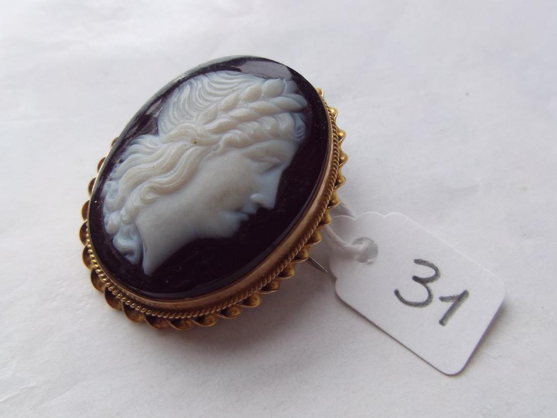 A hard stone cameo brooch with classical head in 9ct gold mount