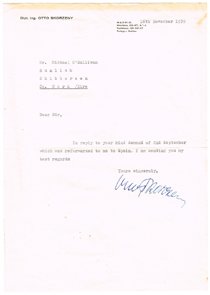 The autograph of S.S. Colonel Otto Skorzeny. A signed typewritten letter dated 16th November, 1969