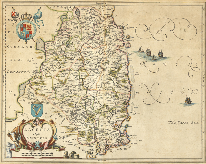 17th Century: Map of Leinster by Johannis Blaeu Engraved hand-coloured map of Leinster by Johannis