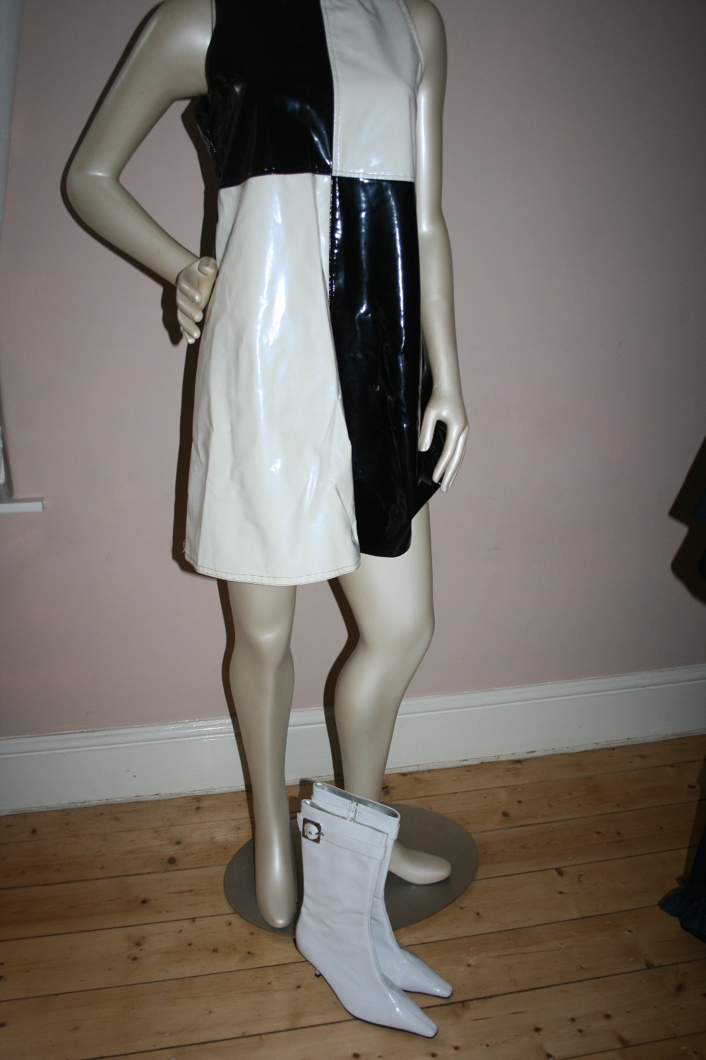 1960s style black/white PVC dress together with white patent boots, (2)