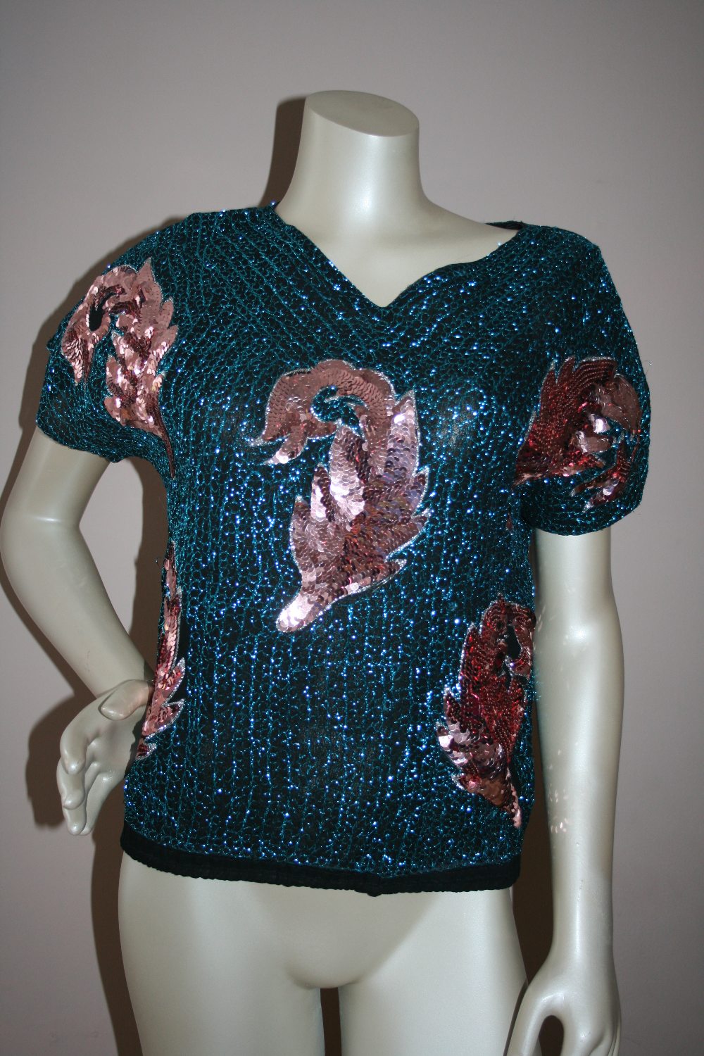 Group of 1960s-80s beaded and sequinned evening tops: one grey sequinned, one beaded longline