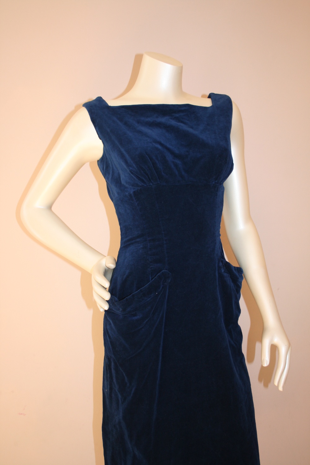 1950s Betty Barclay dress, midnight blue velvet, fitted with hip pockets and squared neckline, UK