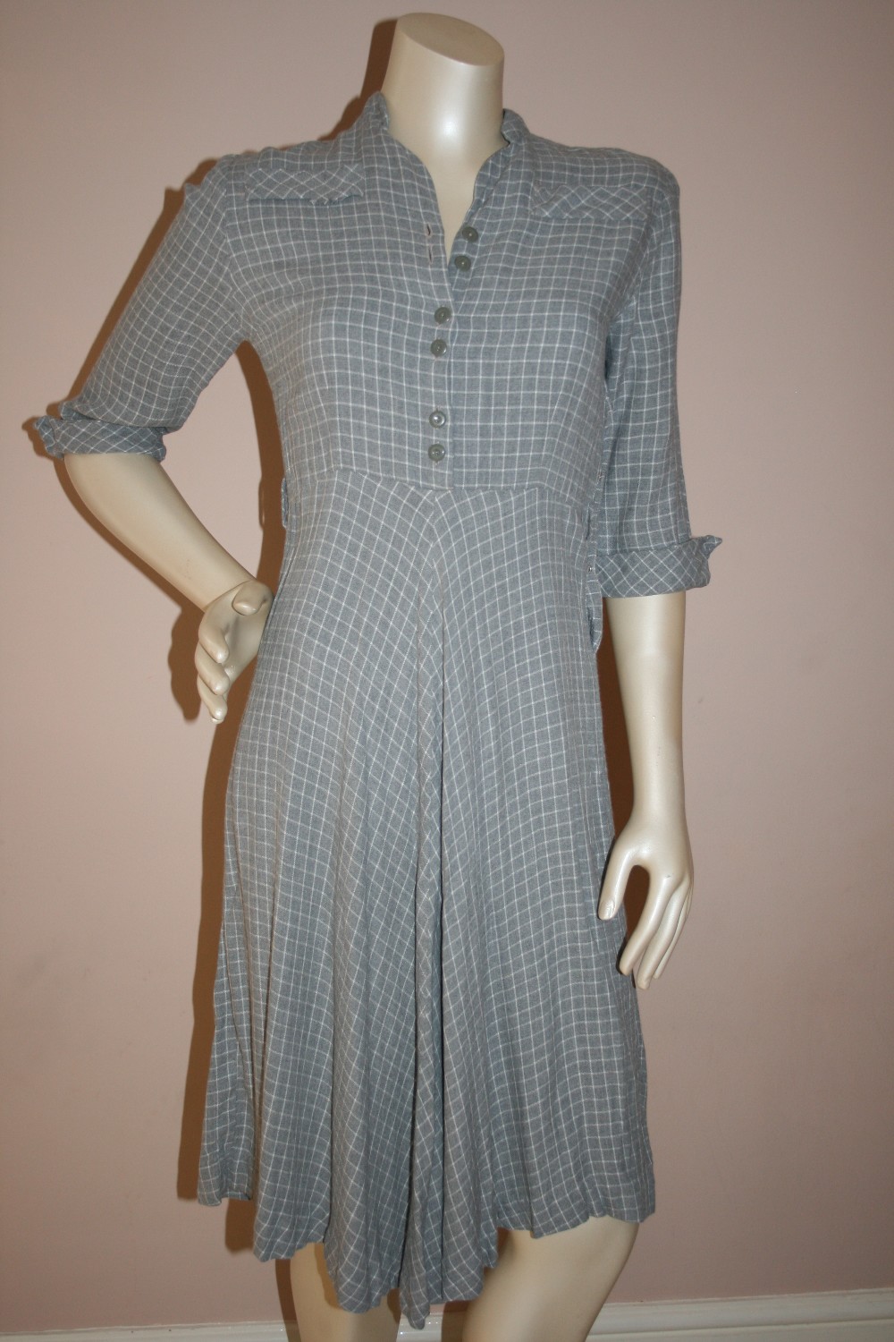 Two 1940s dresses: one soft brushed cotton silver grey with white check having button through