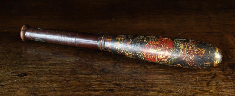 A Regency Truncheon painted and gilded with crests and scrolling foliage with mottos HONI SOIT QUI