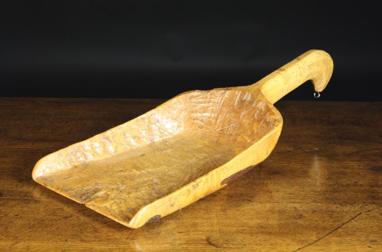 A Treen Dug Out Grain Scoop with hook ended handle, 21 ins (54 cms) in length.