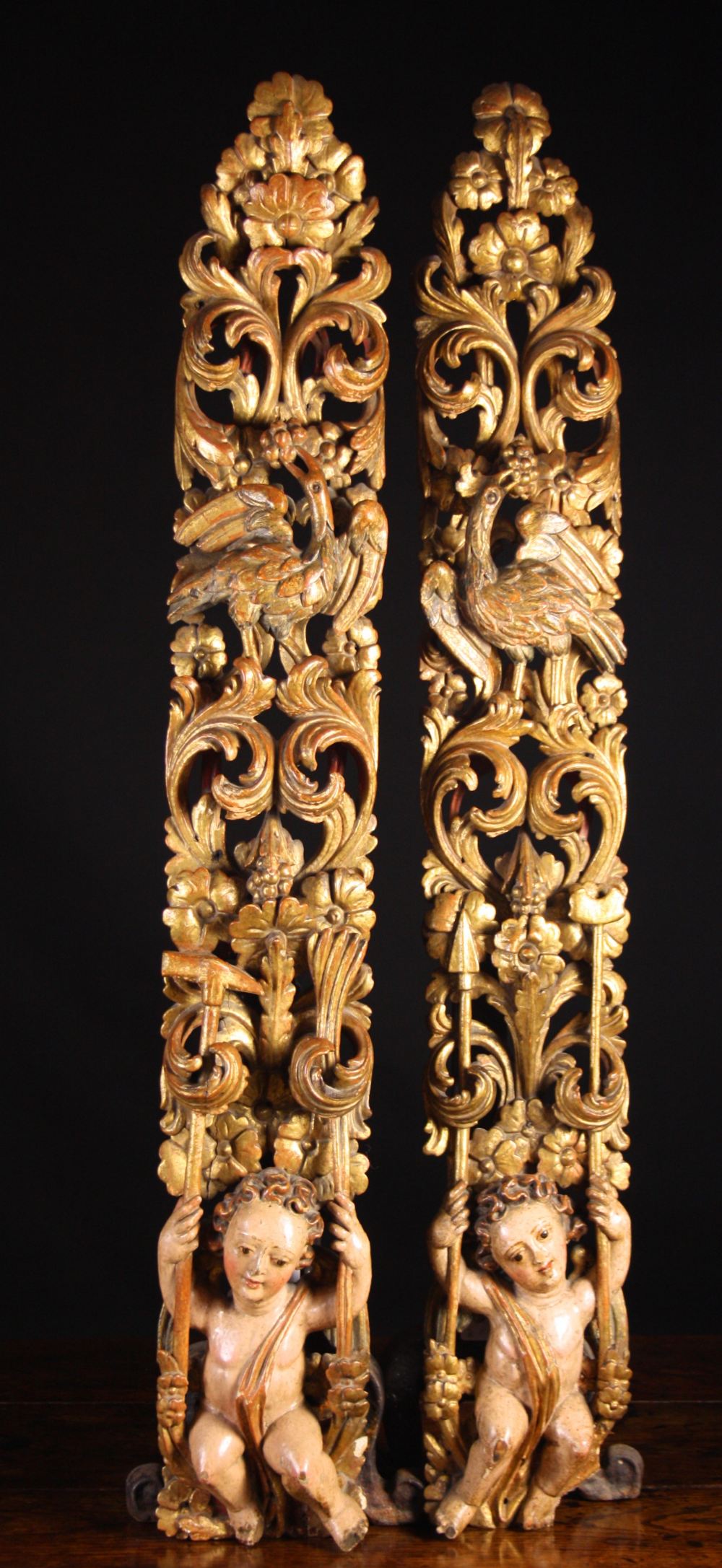 A Pair of Delightful Late 17th Century Flemish Polychromed & Gilded Swags. Each swag carved with a