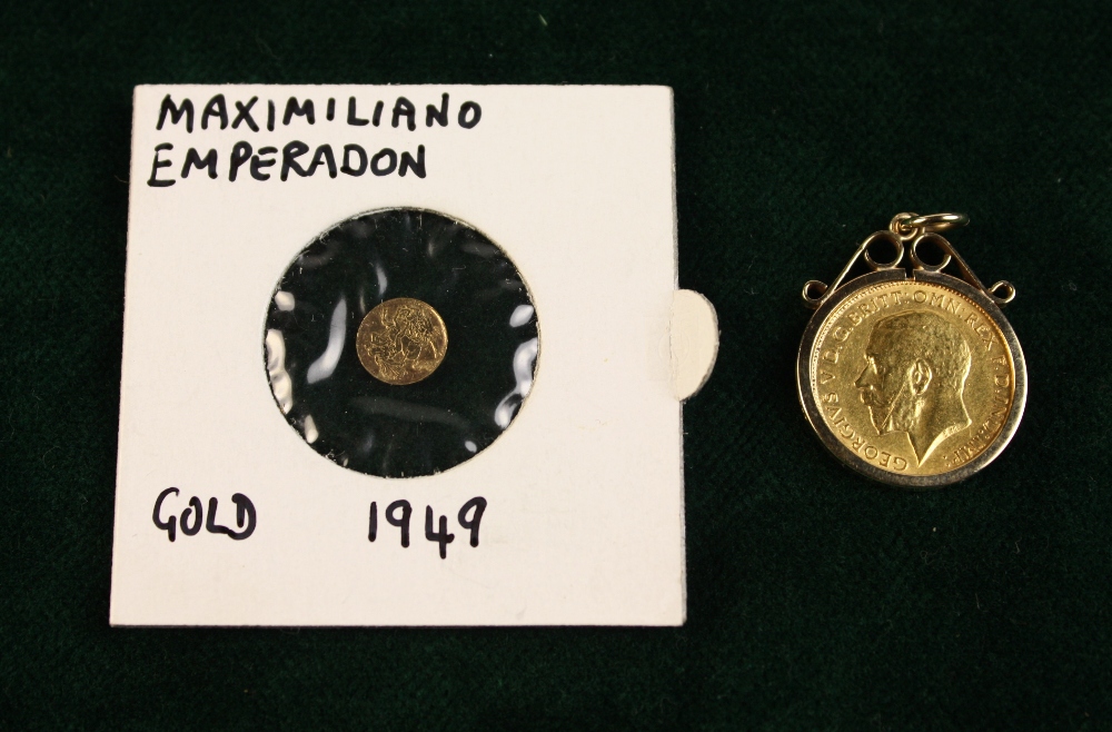 A Gold Half Sovereign Pendant, and a Gold Maximiliano Coin.