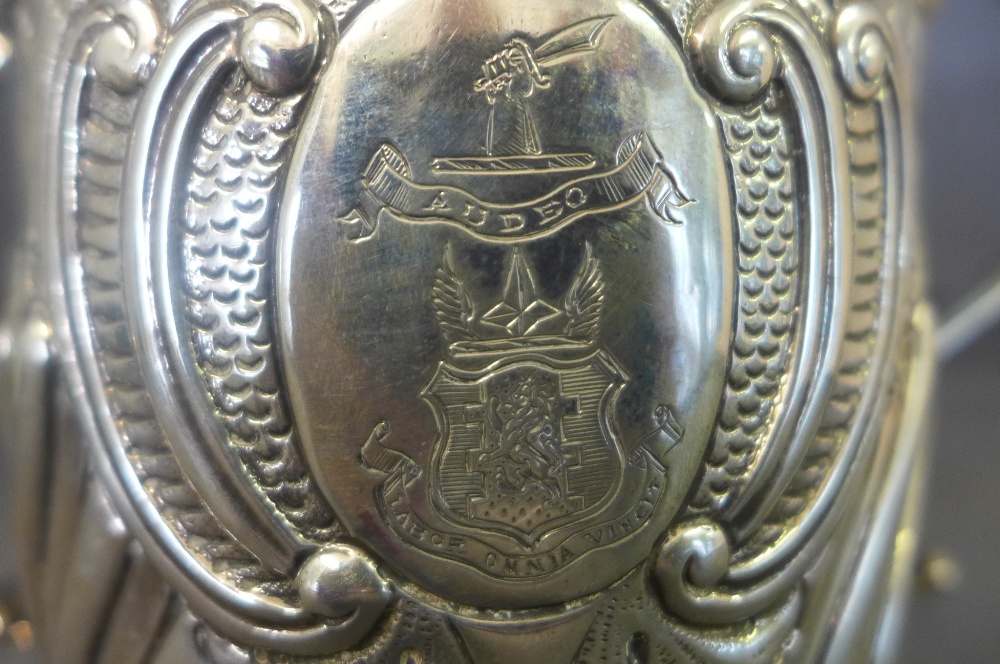 A Britannia standard silver twin handled half fluted Loving Cup 1712/13 - maker R with Armorial - Image 2 of 4