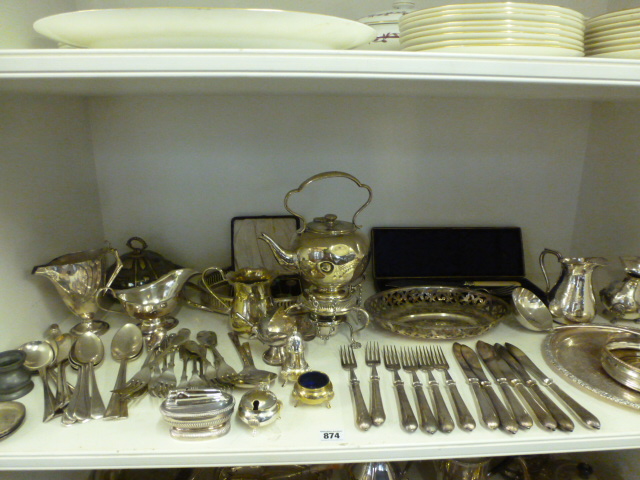 A large collection of silver plated ware including fish knives and fork servers, trays, wine