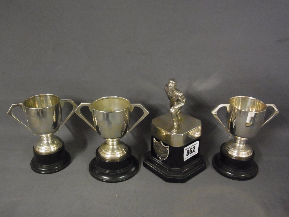 Three small silver blank trophies - Weight approx. 7.5 troy oz with stands also a plated bowling