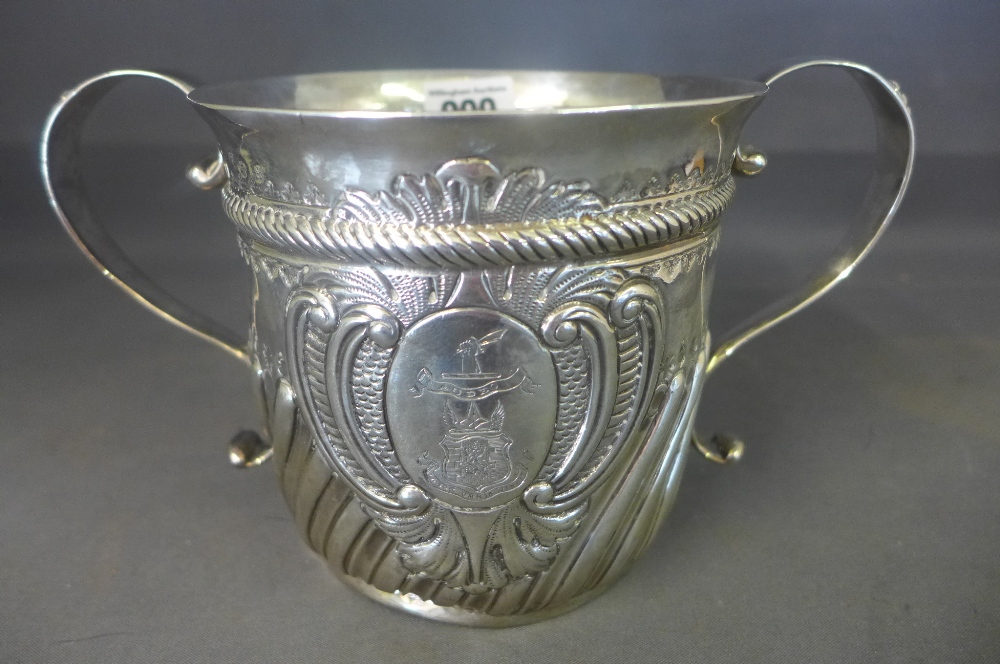 A Britannia standard silver twin handled half fluted Loving Cup 1712/13 - maker R with Armorial