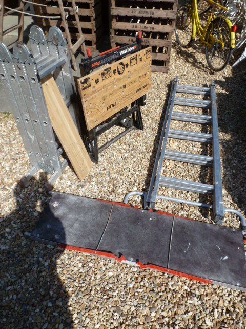 A Black and Decker Workmate, a Pro deck ladder and a folding ladder/platform