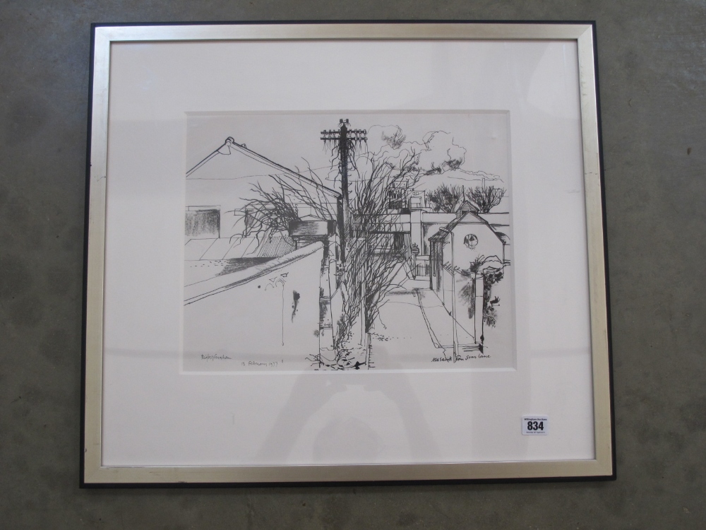 A pen and ink Rigby Graham 1977 - All Saints from Soar Lane, Leicester - 30 cm x 38 cm
