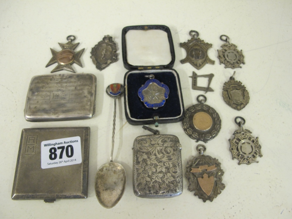 Two silver Vesta cases - one with many heavy knocks, a heavy silver compact - mirror missing, a