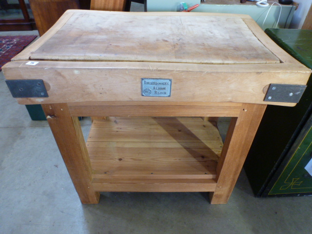 A Butcher's Block on a pine stand with a label for Rushbrooke's Albion Block - 90cm x 60cm