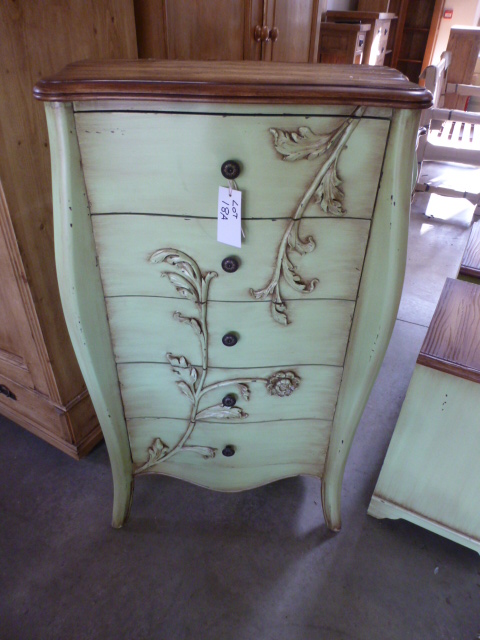 A shabby chic French style five drawer tallboy chest with slight damage to top 66cm wide x 39cm deep