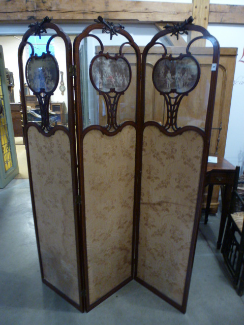 An Edwardian mahogany and inlaid three fold screen with a glazed top